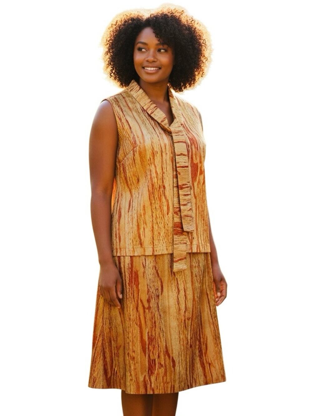 Raffinalla Skirt & Top Set Size 12 Tie-Neck Top Rust Gold Textured Poly Blend